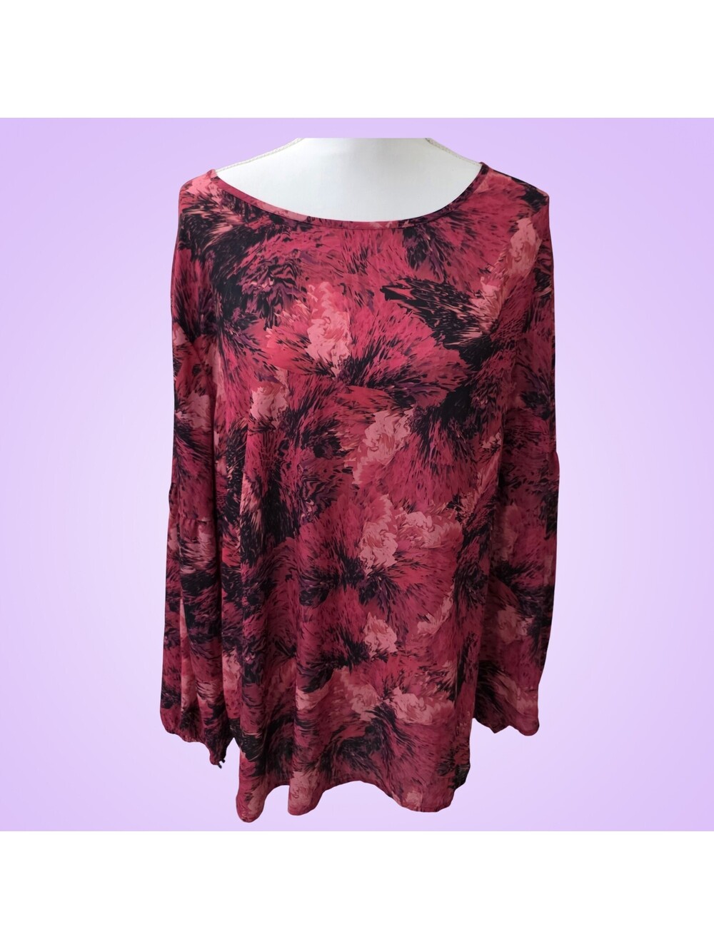 Ava & Viv Womens 3X Pink Black Floral Long Sleeve Blouse Tunic Top